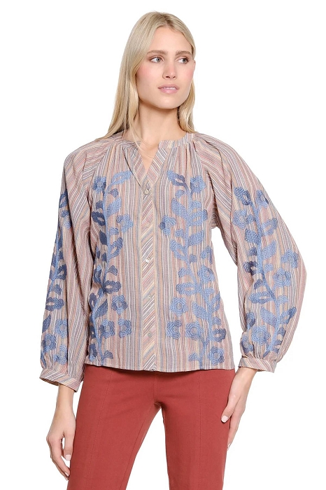 T36348BM TRU LUXE SPLIT NECK TOP W/EMBROIDERY MULTI